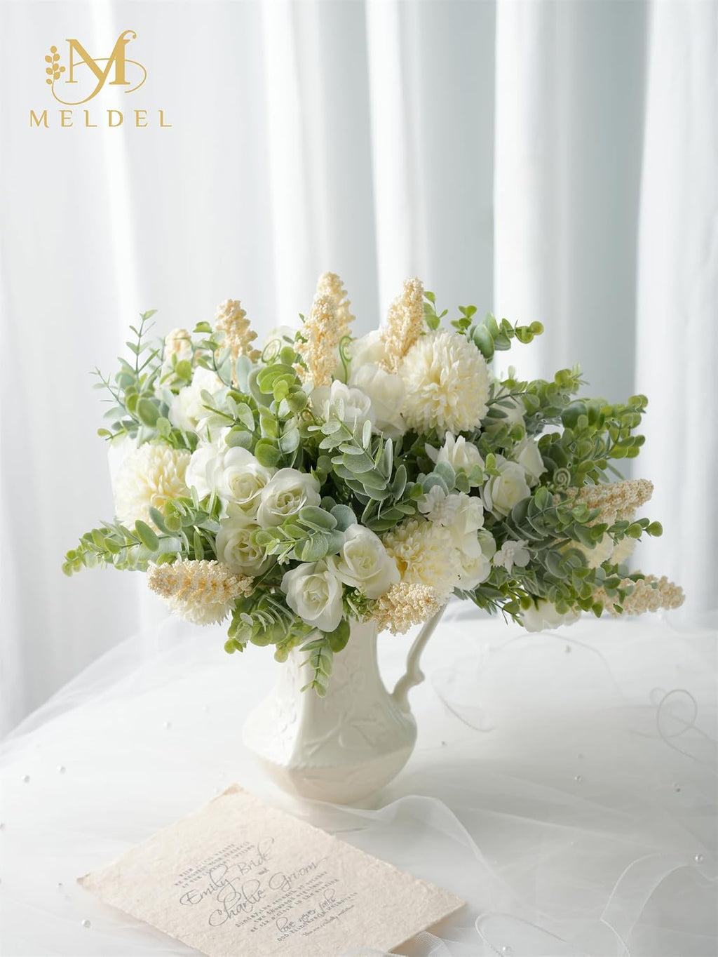 rose bouquet artificial fake flowers eucalyptus plants silk shown in use