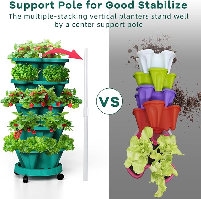 Strawberry Vertical Planters Tower Garden 3 Pack, 7 Tiered Stacking Herb Vegetable Planter with Support Pole Indoor and Outdoor - Hunter Green