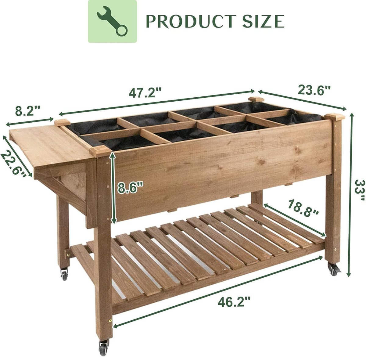 raised garden bed outdoor with lockable wheels, 55"x shown in use