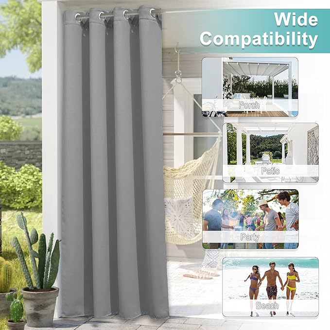 NICETOWN Outdoor Curtain for Patio Waterproof W100 x L84, Blackout Vertical Blinds Thermal Insulated Stainless Steer Grommet Indoor Outdoor Divider for Public Space, Silver Grey, 1 Piece