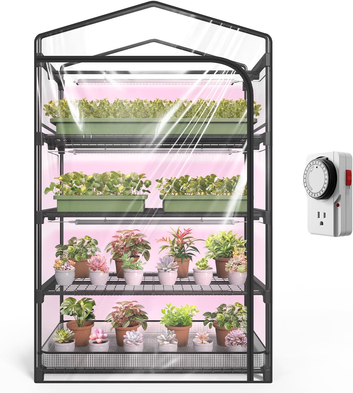indoor greenhouse with grow light, 4-tier plant shelf, main product view