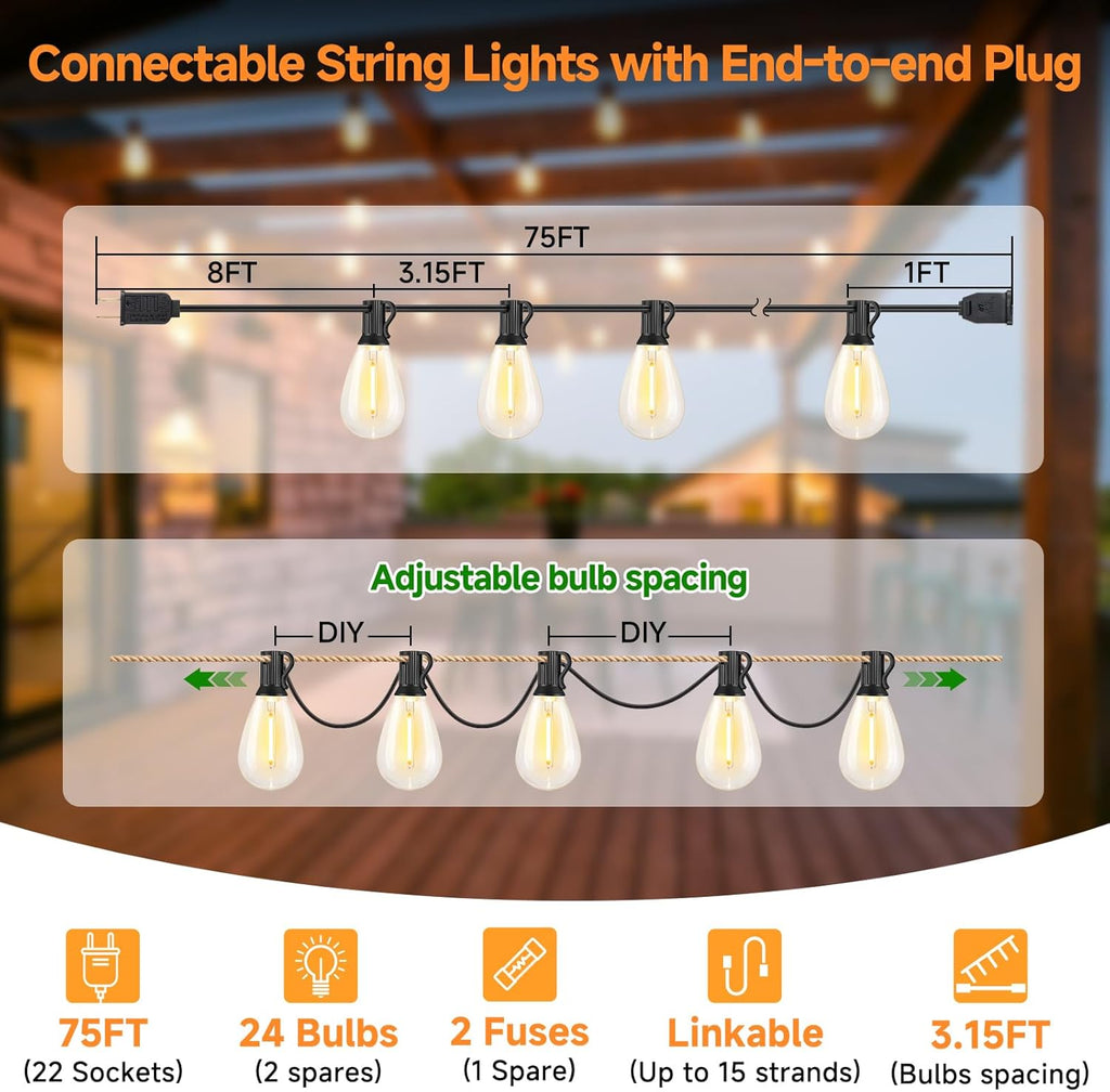 75FT LED Outdoor String Lights, Patio Light, 22+2 S11 Bulbs, Black | Plug in, Dimmer not included, Dimmable, Waterproof, Shatterproof, Connectable Hanging Lights for Backyard Porch, Warm White
