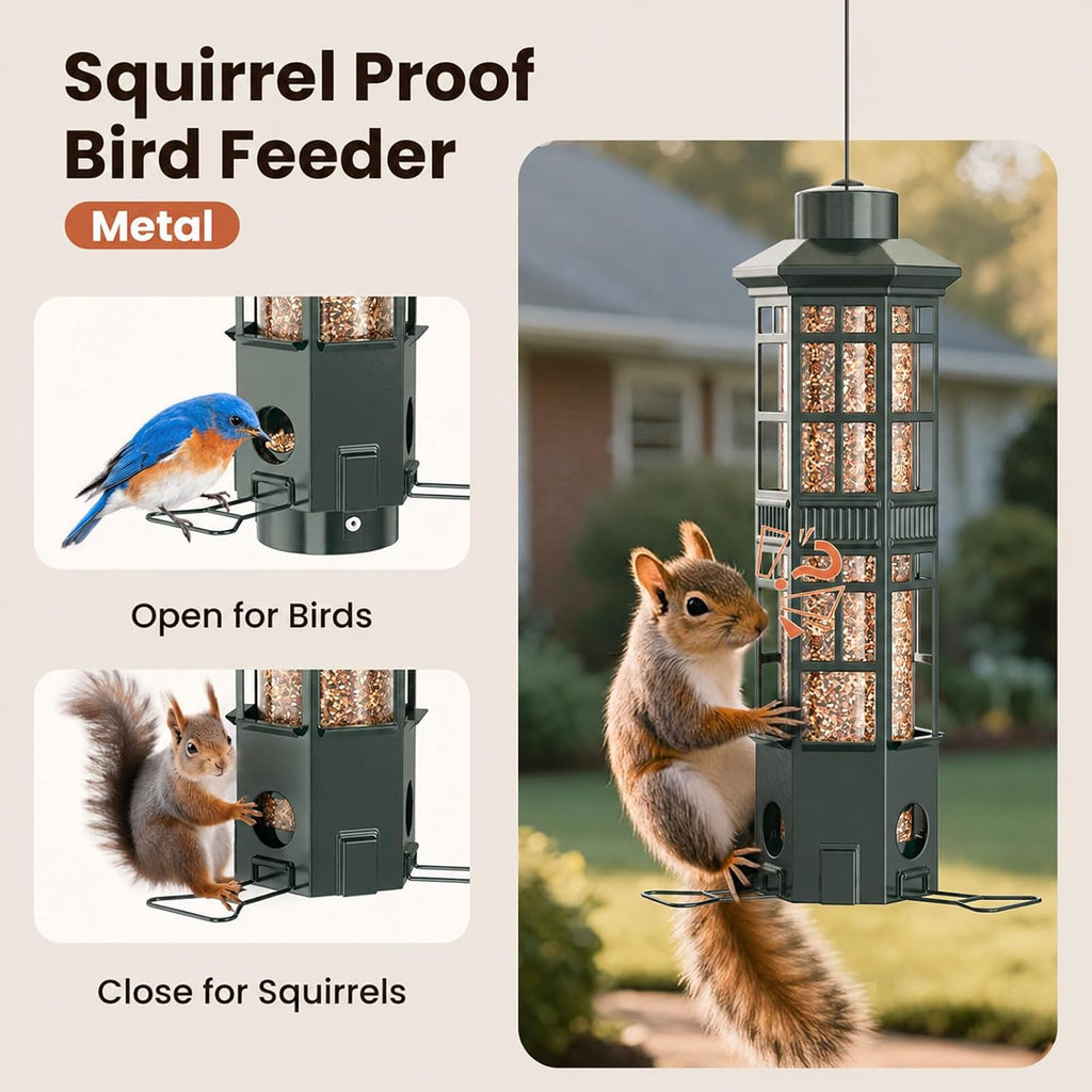 metal hanging squirrel proof bird feeders, gravity spring showing dimensions