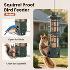metal hanging squirrel proof bird feeders, gravity spring showing dimensions