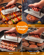Brigii Smash Burger Press, Rectangular Grill Press, Bacon Press, Heavy Duty | Stainless steel, smooth surface, heat-resistant wooden handle, dishwasher safe, no seasoning, patties, steak, chicken, BBQ