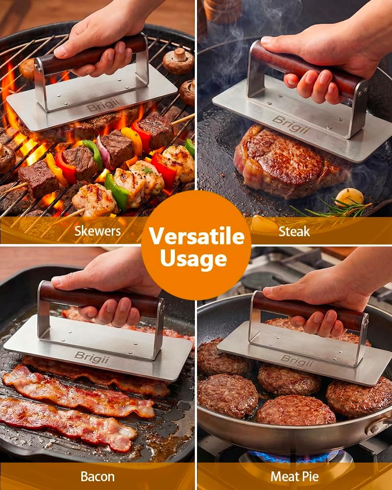 Brigii Smash Burger Press, Rectangular Grill Press, Bacon Press, Heavy Duty | Stainless steel, smooth surface, heat-resistant wooden handle, dishwasher safe, no seasoning, patties, steak, chicken, BBQ