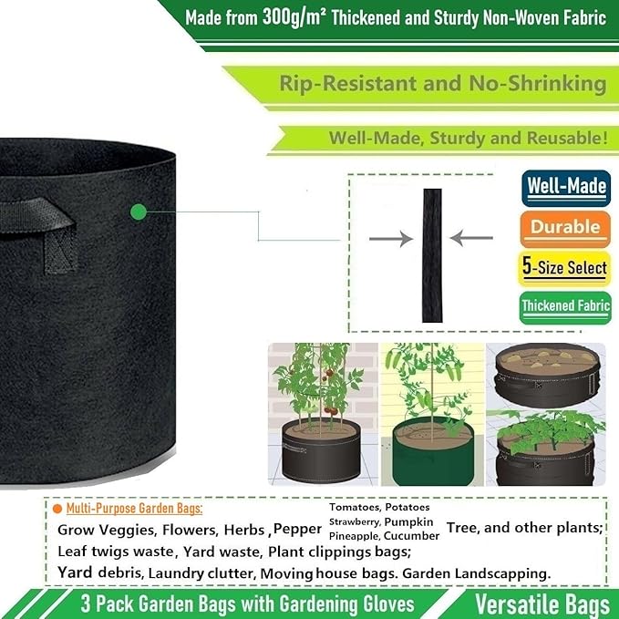 3-Pack 50 Gallon Thickened Plant Grow Bags Large (30x16 in) Heavy Duty Fabric Plant Pots Garden Bag for Potato,Tomato Planter,Herbs Veggies Planting,Flower Pots,Barrel Planter,Leaf Bag,Yard Waste Bags