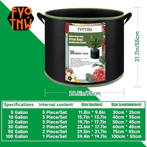 2-Pack 50 Gallon Plant Grow Bags, Thickened Nonwoven Fabric Pots with Handles,Sturdy Garden Planters Aeration Gardening Container to for Plants, Vegetables, and Flowers