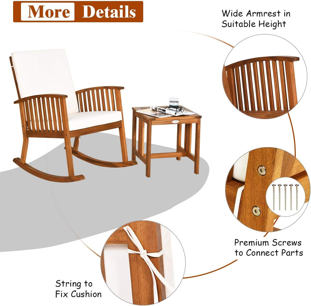 Tangkula Acacia Wood Patio Bistro Set, Outdoor Rocking Chair with Table, Porch Rocker with Thick Cushion of Detachable Cover, Porch Rocking Chair Table Set for Outdoor Indoor Patio Backyard, Teak