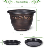 Plastic-Plant-Flower-Planters-10 Inch With Drainage Hole & Saucer, 3 Packs Lightweight Small Resin Flower Pot Indoor Outdoor, Retro Antique Imitation Decorative Garden Containers Sets For Houseplants