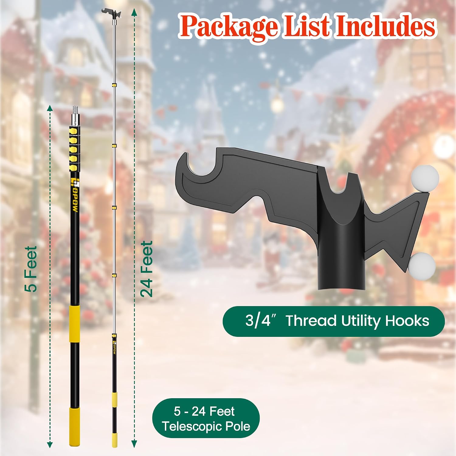 6-24ft Telescopic Extension Pole & Utility Hook for Christmas Lights | Christmas Light Pole Hanger Tool,30FT High Reach Telecoping Pole,Extendable Poles for Hanging and Installation Lights String
