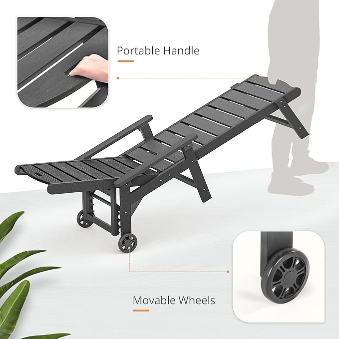 LUE BONA Outdoor Chaise Lounge Chairs Set of 2, HDPS Chaise Lounger, 5 Positions Adjustable Lounge Chairs, Pool Lounge Chair with Wheels for Poolside, Hotel, Restaurant, 3 Year Warranty, Dark Gray