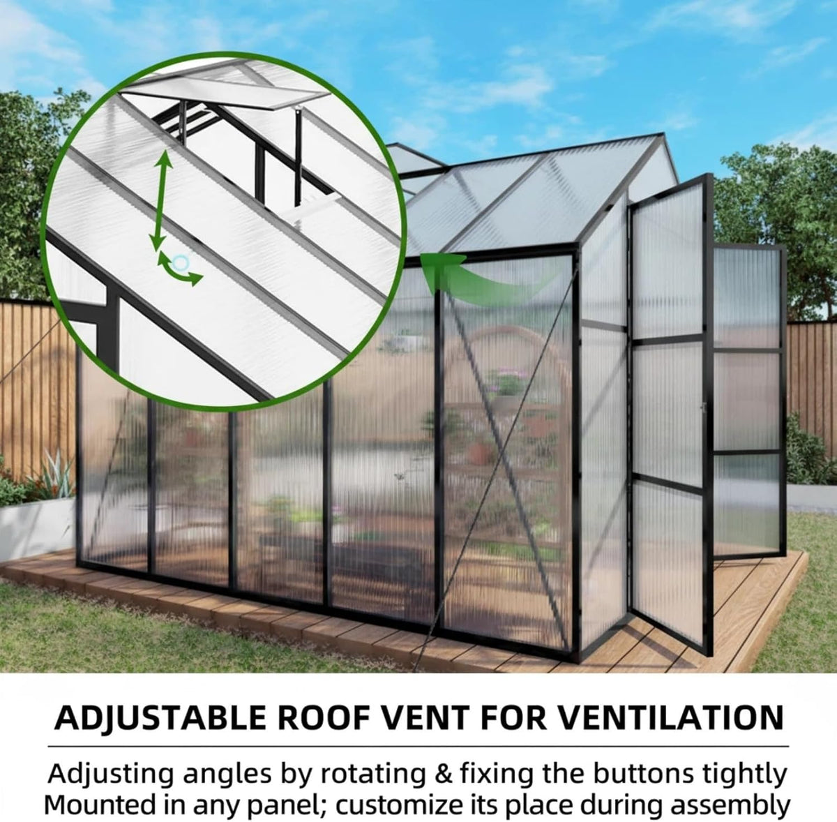 8x10 ft greenhouse, walk-in outdoor heavy duty polycarbonate, side view