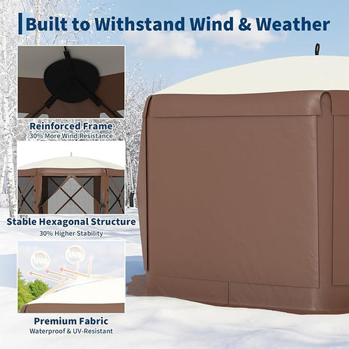 11.5x11.5FT 6-Sided Pop Up Gazebo Tent，One-Push Setup Canopy Tent with Mesh Panels & Removable Wind Cloths, Outdoor shelter for Camping, Backyard Parties, Outdoor Events - Beige & Khaki