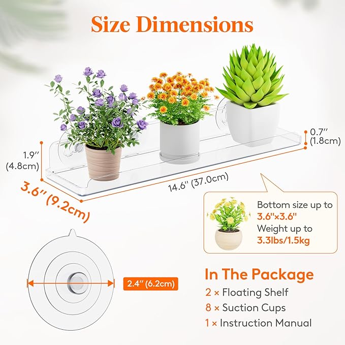Lifewit Window Plant Floating Shelves 14.6x3.6, 3 Pack Acrylic Suction Cup Shelf, Window Sill Extender for Indoor Succulent Plants, Micro Greens, Seed Starter Pots, Herb Planters 37 x 9 cm/14.6x3.6