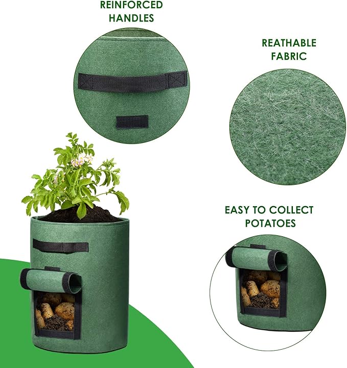 Delxo 10 Pack 10 Gallon Potato Grow Bags,Grow Bags for Vegetable with Window, Double Layer Premium Breathable Nonwoven Cloth for Potato/Plant Container/Aeration Fabric Pots with Handles in Green