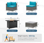 8 Pieces Outdoor Patio Furniture Set with 43" Fire Pit Table, Wicker Outdoor Patio Sectional Sofas with Coffee Table and Cushions, All-Weather Patio Conversation Set for Garden Backyard, Light Blue