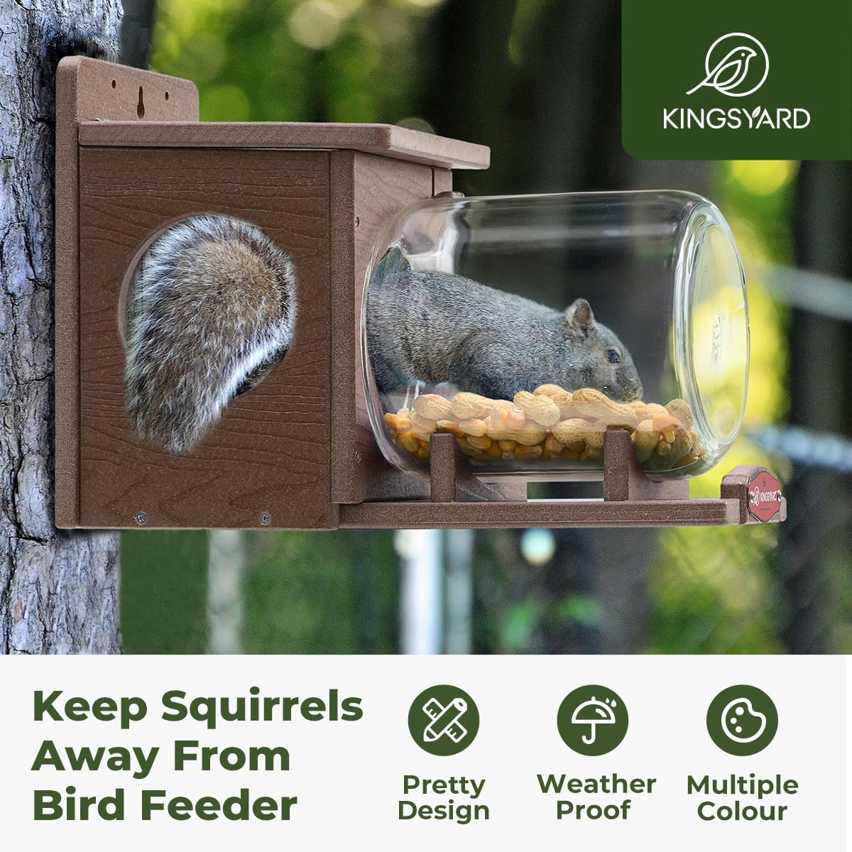 Kingsyard Recycled Plastic Squirrel Feeder for Outside, Squirrel Feeder Box with Peanuts Corn Storage Jar, Sturdy & Durable, Weatherproof (Brown) | Sturdy & Durable Recycled Plastic, Removable Peanuts Corn Storage Jar, No Assembly Required, Weatherproof