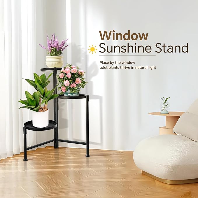 3 Tier Plant Stand Indoor, Metal Plant Shelf Outdoor, Foldable Corner Tall Plant Rack for Multiple Plants, Flower Pot Holder Display Stand for Living Room Patio Home Decor for Gardening