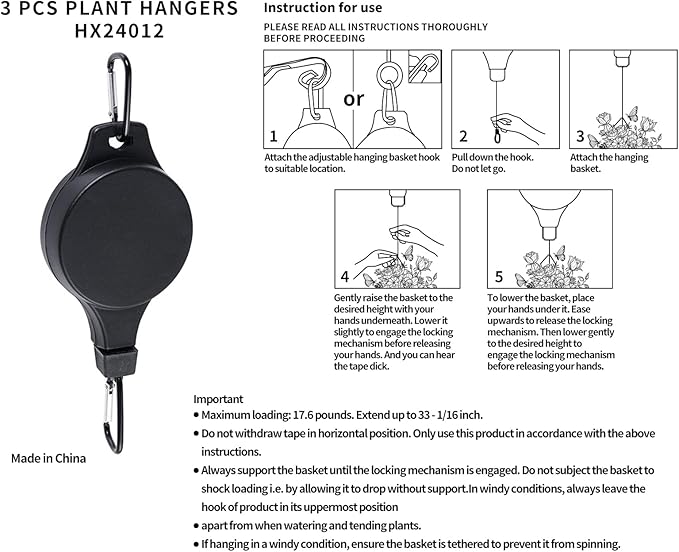 3Pack Retractable Plant Hanger Pulley System with Adjustable Rope Clips-Heavy-Duty for Indoor & Sheltered Outdoor Use(Max 15kg)