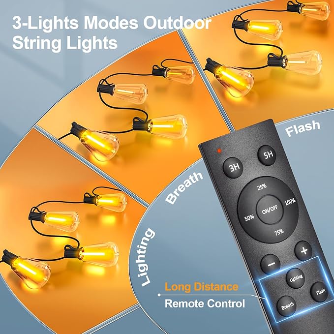 Outdoor String Led Patio Lights - 50Ft 15M Outside Waterproof Light With Remote Dimmable ST38 Shatterproof Bulb Connectable Hanging Outdoor Electric Lighting For Backyard Yard Gazebo Porch Party