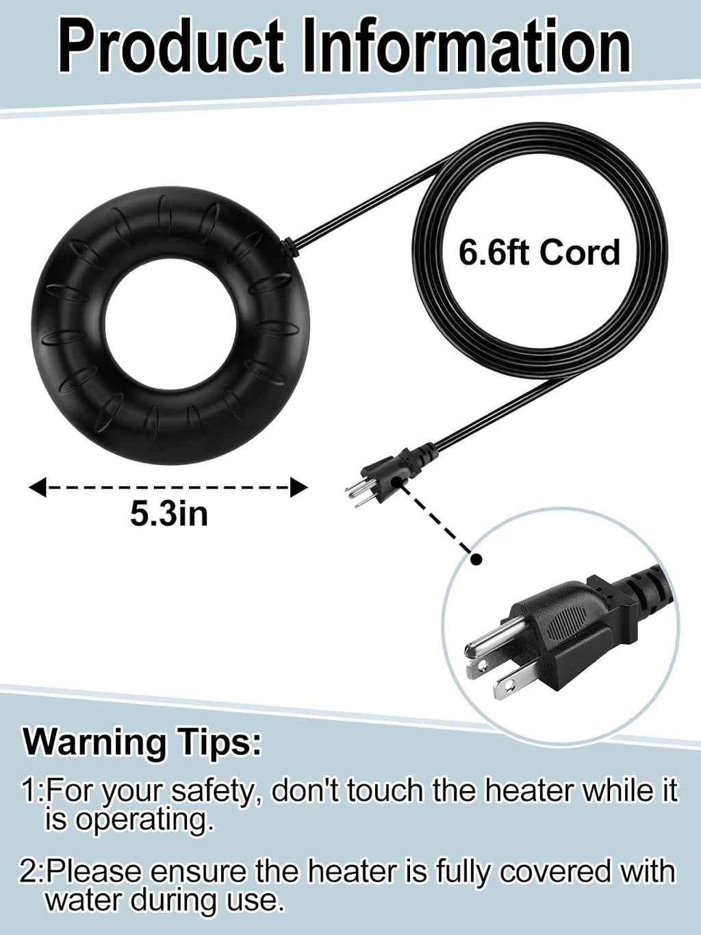 MEWTOGO 6.6ft Cord Bird Bath Heater for Outdoors in Winter - 70W Submersible Energy-Saving Chicken Coop Water Deicer with Thermostatic Control for Yard Patio to Keep Water Ice-Free