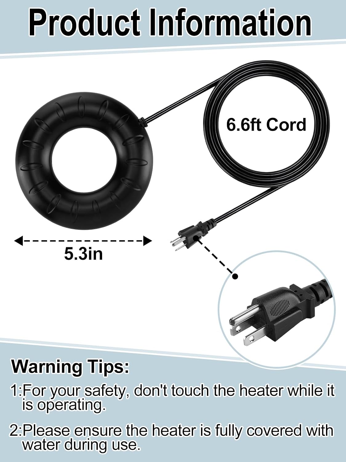 MEWTOGO 6.6ft Cord Bird Bath Heater for Outdoors in Winter - 70W Submersible Energy-Saving Chicken Coop Water Deicer with Thermostatic Control for Yard Patio to Keep Water Ice-Free
