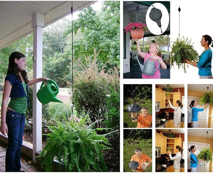Pack Plant Hook Pulley, Retractable Plant Hanger Easy Reach Hanging Flower Basket for Garden Baskets Pots and Birds Feeder Hang High up and Pull Down to Water Or Feed (Black 2Pack)