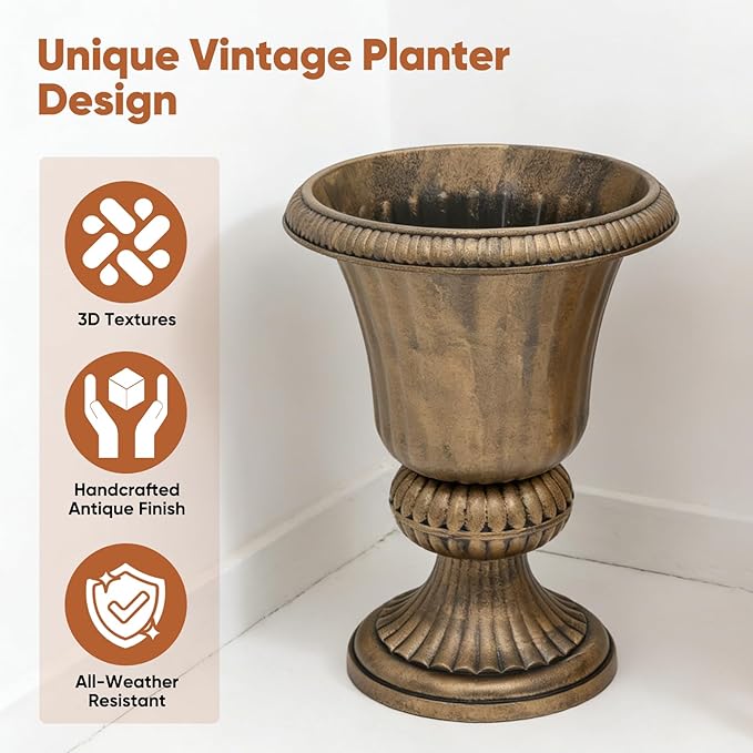 Athena Collection 20''H Bronze Garden Plastic Urn - Vintage Tall Large Planter for Indoor Outdoor Patio Porch, 2 Pieces Flower Pot, Bronze