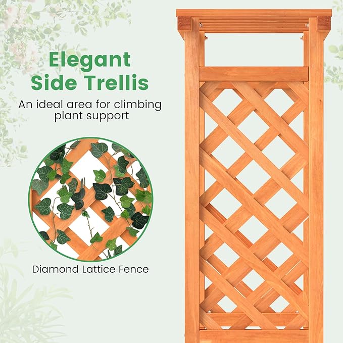 Giantex Set of 2 Raised Garden Bed with 2-Sided Trellis & Hanging Roof, Fir Wood Planter Box w/Drainage Holes, Bottom Gaps, Freestanding Garden Planter for Flowers Herbs Climbing Vines (31"x12.5"x60")