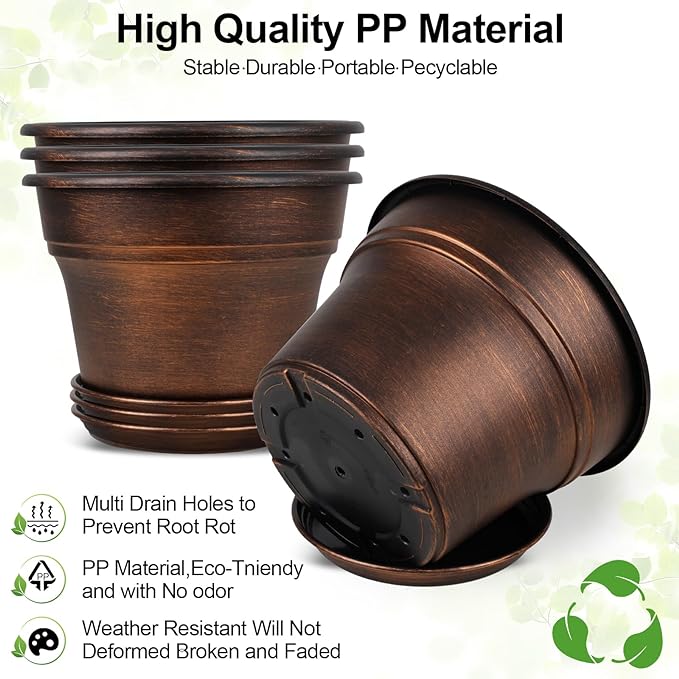 Plant Planters Pots Set of 4 Pack 11 Inch, Plastic Flower Pot for Indoor Plants with Drainage Holes & Trays, Resin Decorative Container Sets with Saucer for House Outdoor Garden Planters Copper