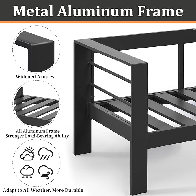 Kiss the Water Outdoor Patio Furniture Loveseat Sofa, All-Weather Metal Aluminum Patio Couch with 5" Thick and Soft Cushion and Wide Arm, Outdoor Couch for Balcony, Porch, Backyard