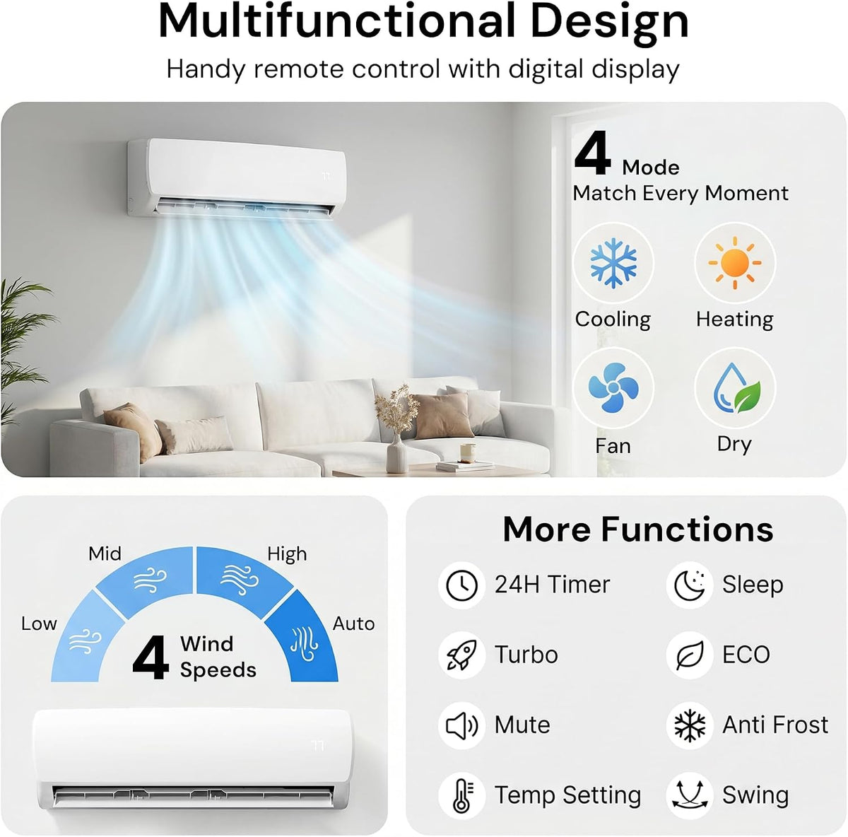 mepty 12000btu mini split ac/heating system, 19 seer2 showing dimensions