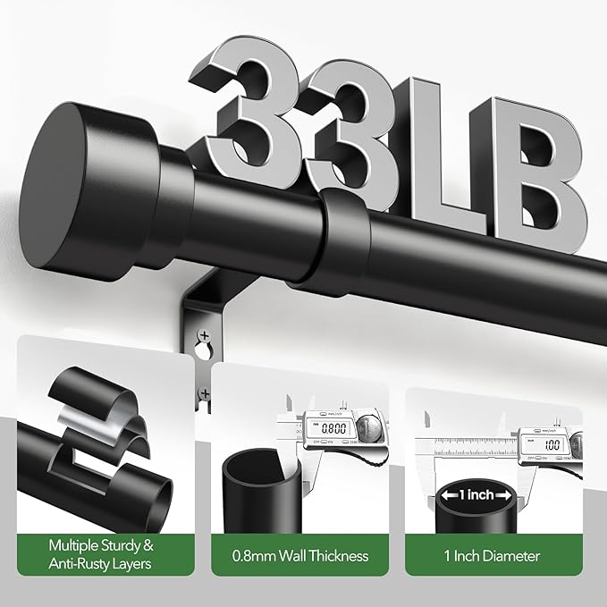 Time Forest Black Curtain Rods for Windows 32 to 150 Inch (2.6-12.5 Feet), 1 Inch Diameter Adjustable Heavy Duty Extra Long Curtain Rod, Modern Style Indoor Outdoor Window Drapery Rods with End Caps