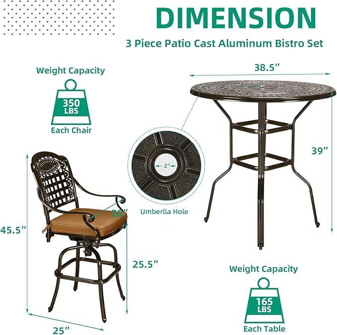 VIVIJASON 5-Piece Outdoor Swivel Bar Stools Set, All Weather Cast Aluminum Patio Bar Height Bistro Set with 4 Cushioned Bar Chairs & 38.5" High Bar Table w/Umbrella Hole for Backyard, Lawn, Garden