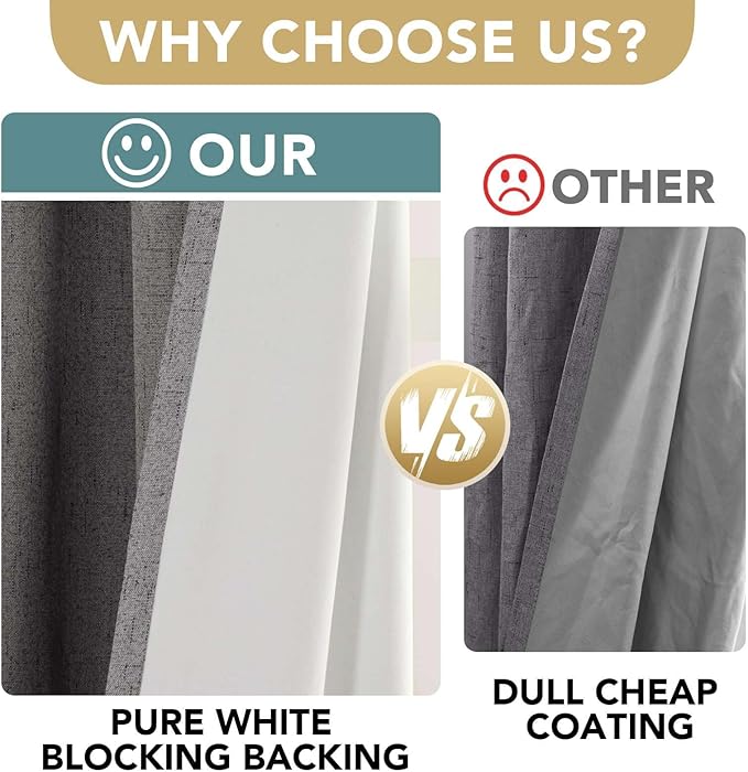 H.VERSAILTEX Linen Blackout Curtains 108 Inches Long 100% Absolutely Blackout Thermal Insulated Textured Linen Look Curtain Draperies Anti-Rust Grommet, Energy Saving with White Liner, 2 Panels, Grey