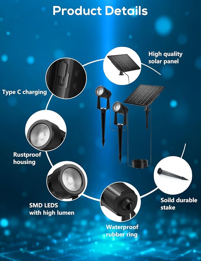 ZYAN Solar Landscape Spotlights, Separate Monocrystalline Panels & USB-C Powered 10800mAh Auto On Off Dusk to Dawn, Outdoor IP65 Waterproof, Warm White for Yard Path Patio (100 Lumens × 8 Pack)