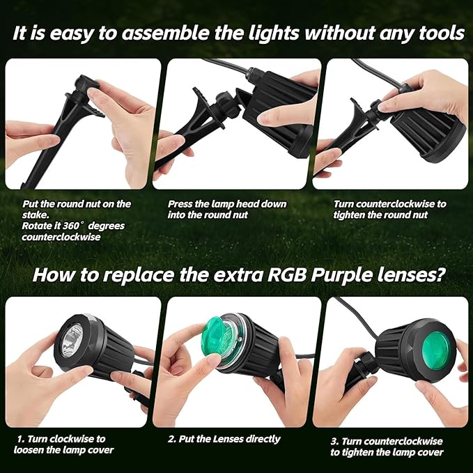 Spotlight Outdoor – 120V Plug-In, 6500K Cool White LED Landscape Lighting with RGB Purple 4 Color Lenses for Yard, Garden, Lawn & Tree Decor on Holidays&Everyday, IP67 Waterproof (2 Pack,Black)
