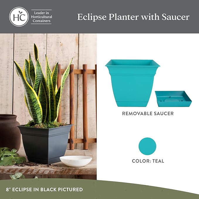 The HC Companies 8 Inch Eclipse Square Planter Pots with Drainage Holes & Attached Saucer, Lightweight UV-Resistant Plastic Indoor Outdoor Planters, 4-Pack Flower Pots for Garden & Home Decor, Teal