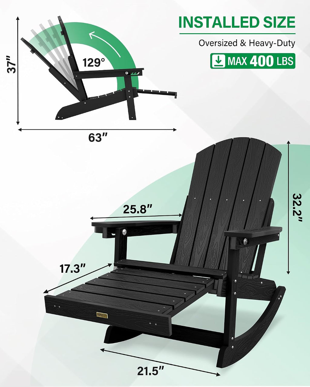 YEFU Adirondack Rocking Chairs Set of 2, with Footrest, All-Weather, Black | 5- Level Adjustable Backrest, Retractable Ottoman & Cup Holder, Like Real Wood, for Outdoor/Patio/Porch, Heavy Duty, 400 lbs