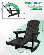 YEFU Adirondack Rocking Chairs Set of 2, with Footrest, All-Weather, Black | 5- Level Adjustable Backrest, Retractable Ottoman & Cup Holder, Like Real Wood, for Outdoor/Patio/Porch, Heavy Duty, 400 lbs