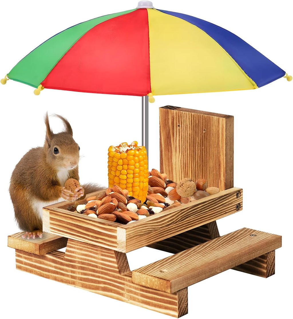 Gnodary Squirrel Feeder with Umbrella, Squirrel Feeders for Outside, Squirrel Picnic Table Feeder - Chipmunk Feeder Hold Corn, Corn Cob, Peanuts Style2 (Multiple Color)