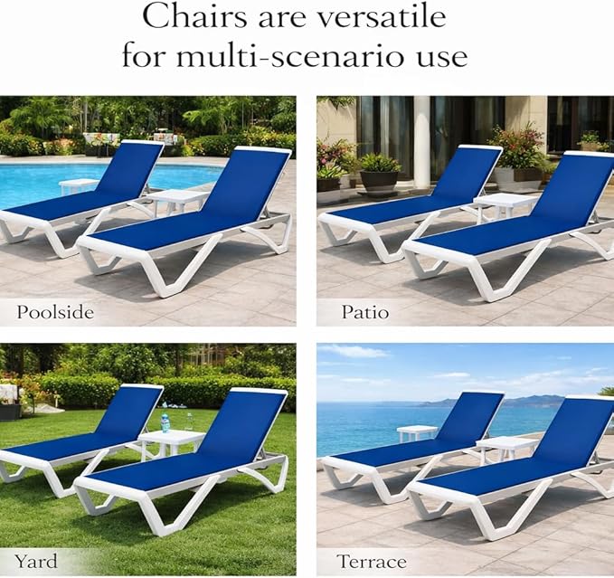 Kozyard Outdoor Chaise Lounge Chair, Full Flat Adjustable Patio Lounger with Aluminum Frame & Resin Legs, Textilene Fabric for Poolside, Backyard & Beach (Blue, Chair with Table)