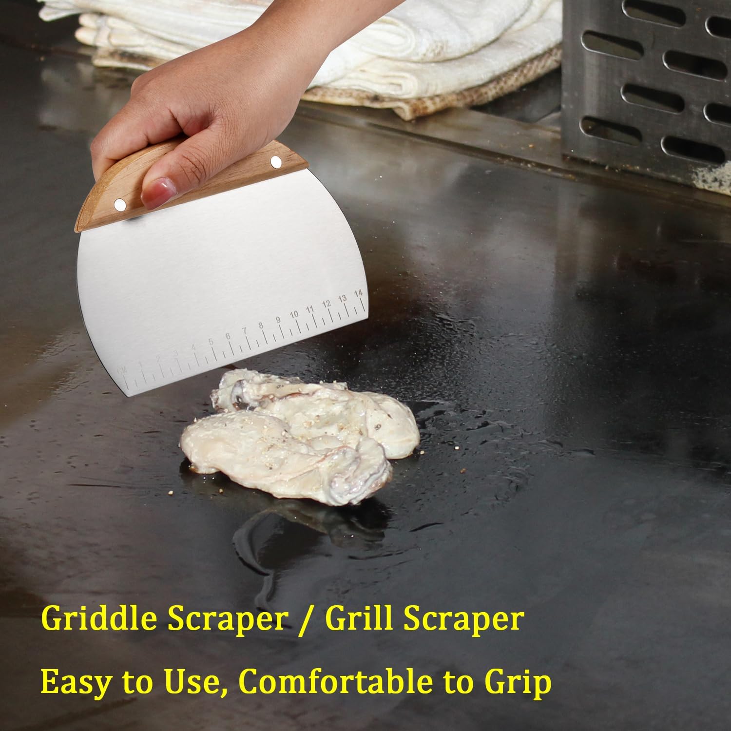 Stainless Steel Grill Scraper with Wood Handle, Dough Scraper, Cake & Pizza Cutter, Multi-Purpose Scraper Tool for Kitchen
