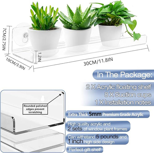 2 Pack 12 Inch Acrylic Window Boxes Plant Shelves, with Suction Cup Window Sill Extender, for Indoor/Outdoor Succulents, Micro Greens, Seed Starter Pots, Herb Planters