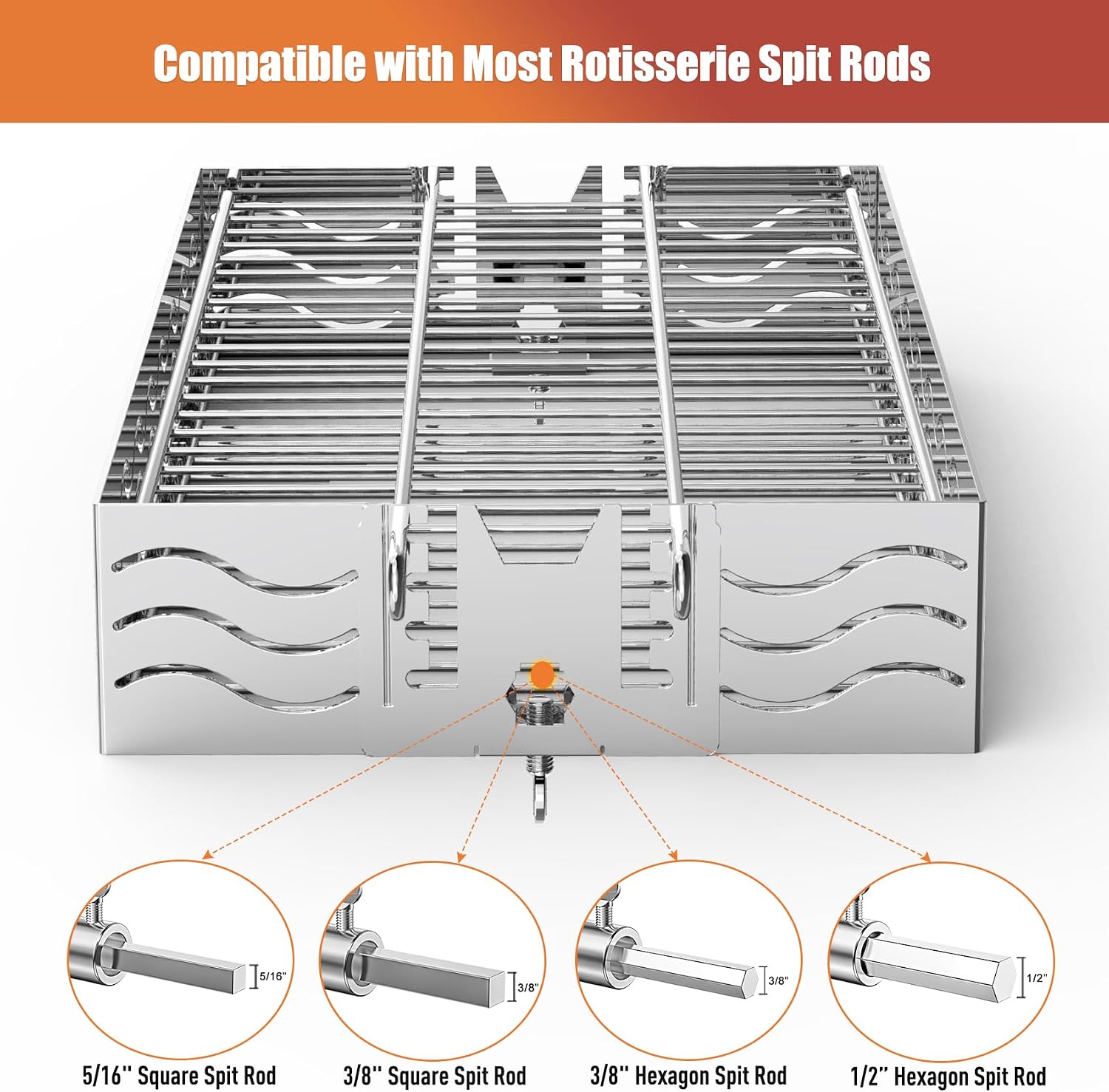 Skyflame Stainless Steel Flat Spit Rotisserie Grill Basket | Four Height Settings for Various Foods, Fits for 5/16 Inch Square, 3/8 Inch Square, 1/2 Inch Hexagon Spit Rods