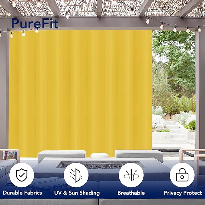 PureFit Outdoor Curtains for Patio Waterproof Weatherproof, UV Resistant Outside Curtains for Gazebo, Front Porch, Pergola, Sun Blocking Privacy Curtain, 100W x 84L inch, 1 Panel, Yellow