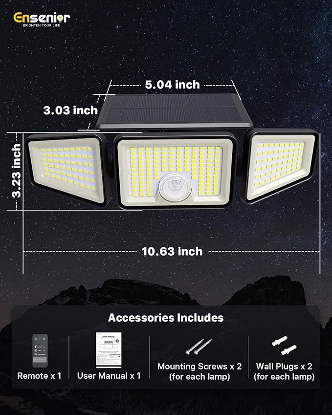 Ensenior Solar Lights Outdoor Motion Sensor, 2600LM 220 LED High Brightness, 3 Head 270° Wide Angle Flood Lights, Remote Control Security Lights 4 Modes, IP65 Waterproof Wireless Wall Light, 4 Pack