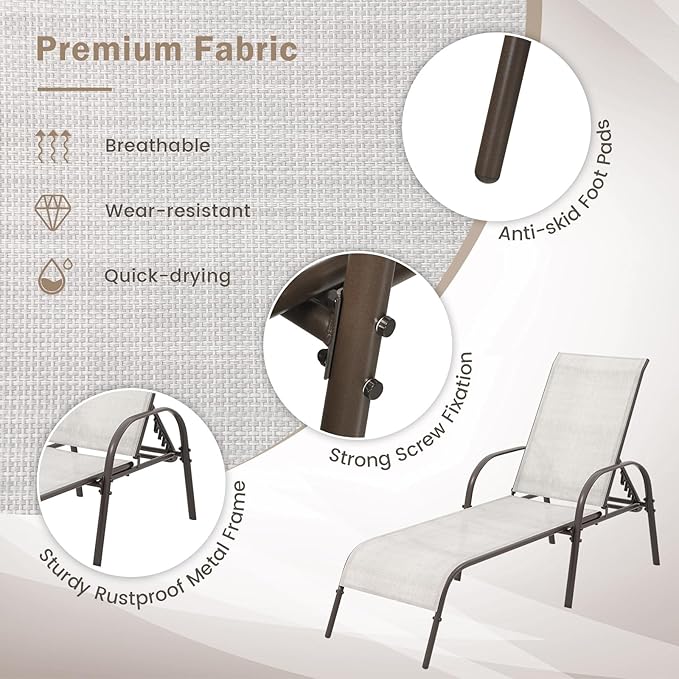 Giantex Patio Lounge Chair, Outdoor Chaise Lounge with 5 Adjustable Backrest, Sturdy Steel Frame, Sunbathing Recliner, Beach Chair, Tanning Chair for Outside, Yard, Balcony, Pool Chairs, Grey