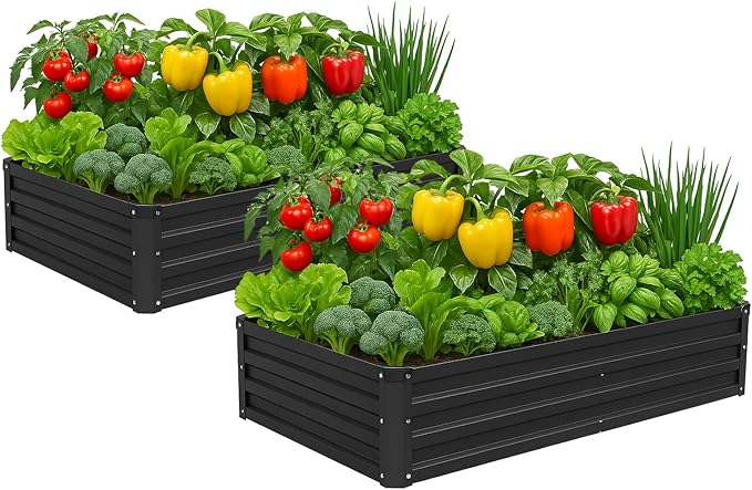 2 Pack 6x3x1FT Galvanized Raised Garden Bed Kit, Outdoor Metal Planter Box for Vegetables, Bottomless Rectangular Gardening Bed with Support Rods, Tool-Free Assembly, Black